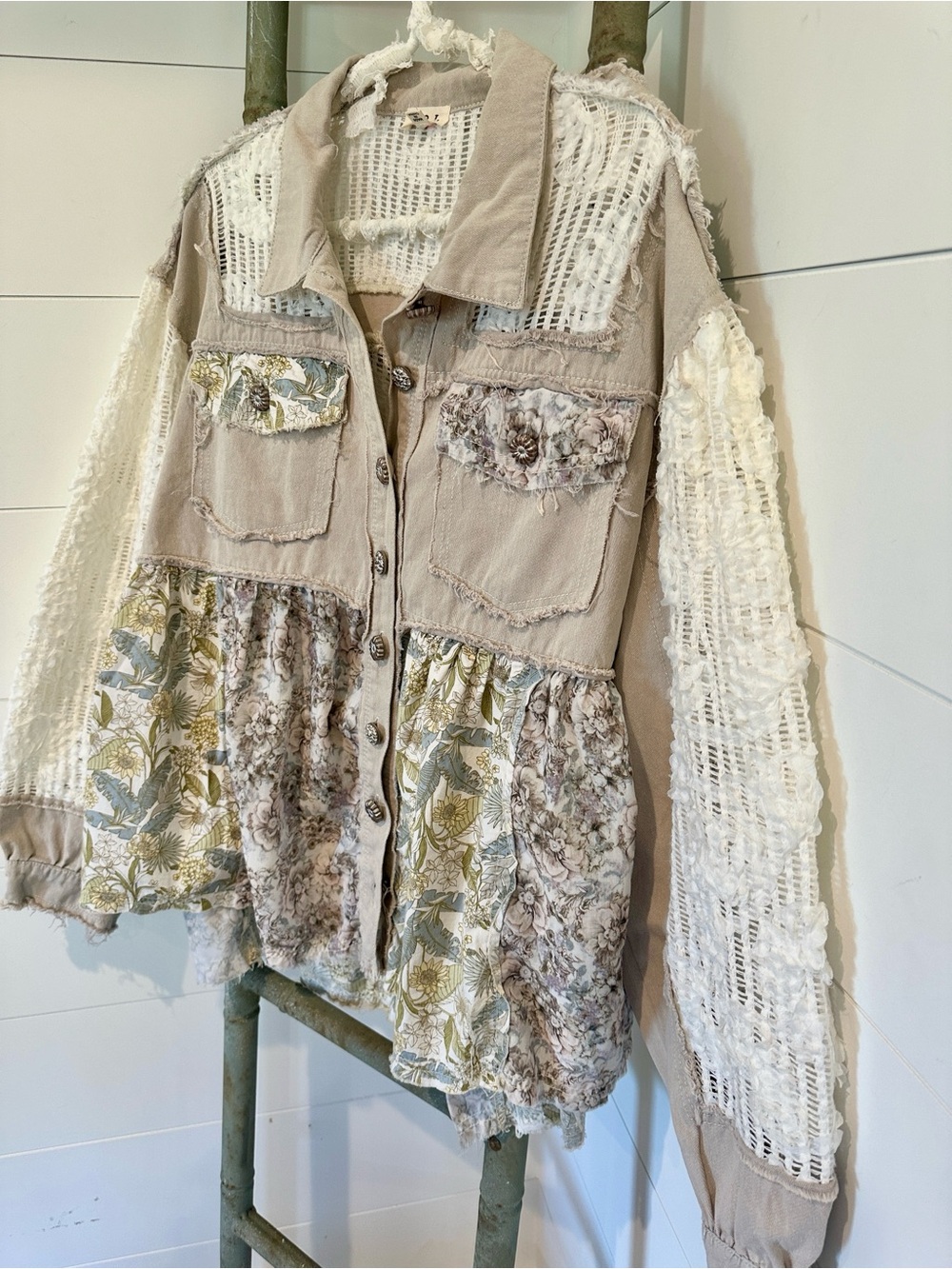 NEW POL: “The Kate”Neutral Mixed-Media Floral Patchwork Jacket - Beige & Cream - Picture 3 of 5